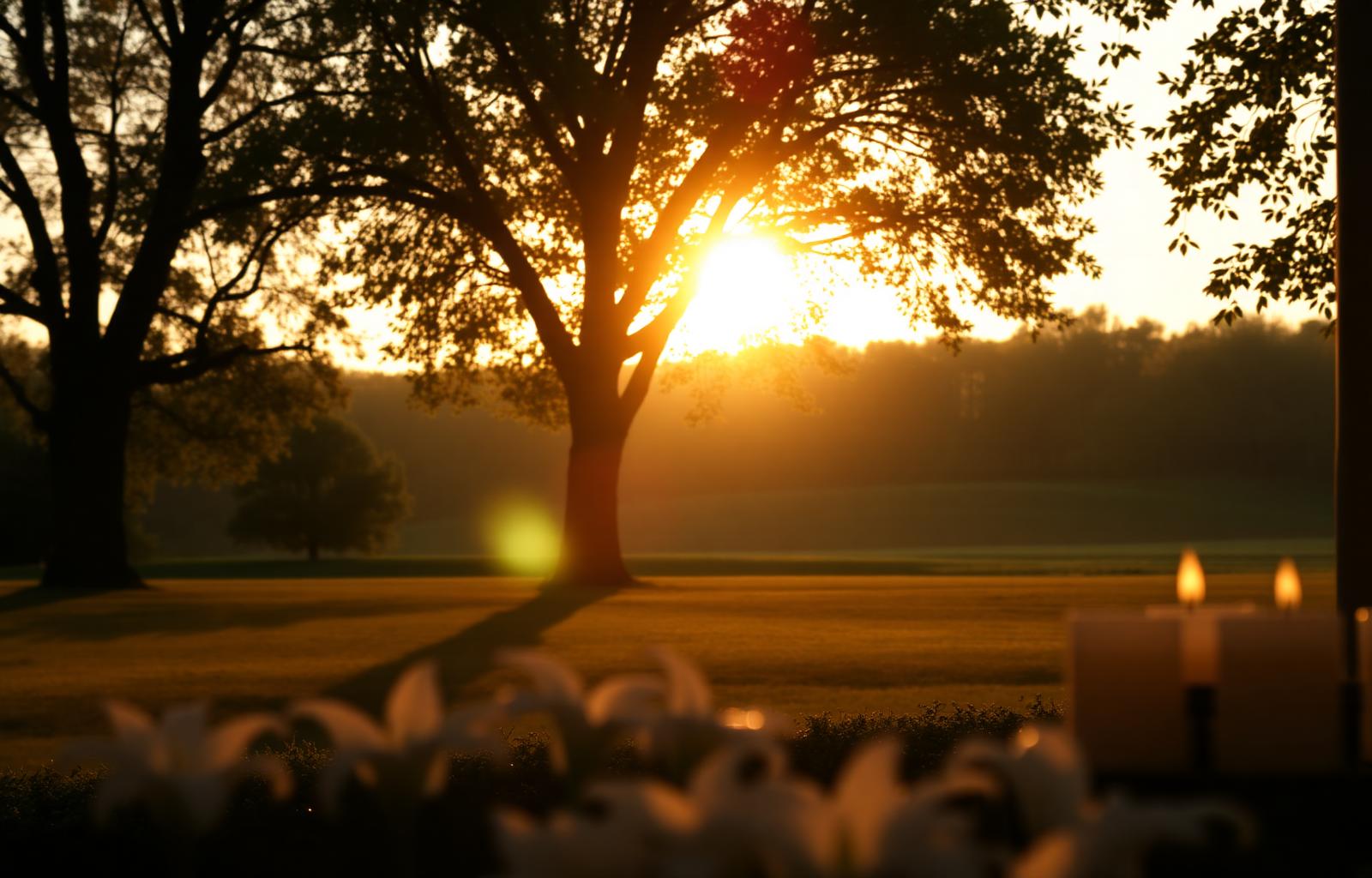 Paisagem serena ao entardecer simbolizando paz e memória